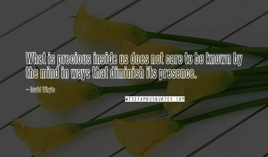 David Whyte Quotes: What is precious inside us does not care to be known by the mind in ways that diminish its presence.