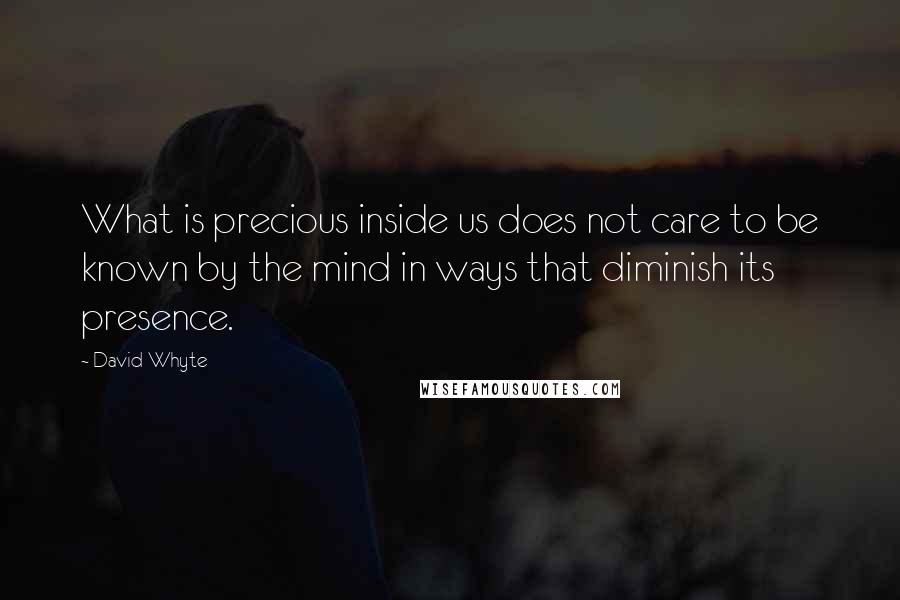 David Whyte Quotes: What is precious inside us does not care to be known by the mind in ways that diminish its presence.