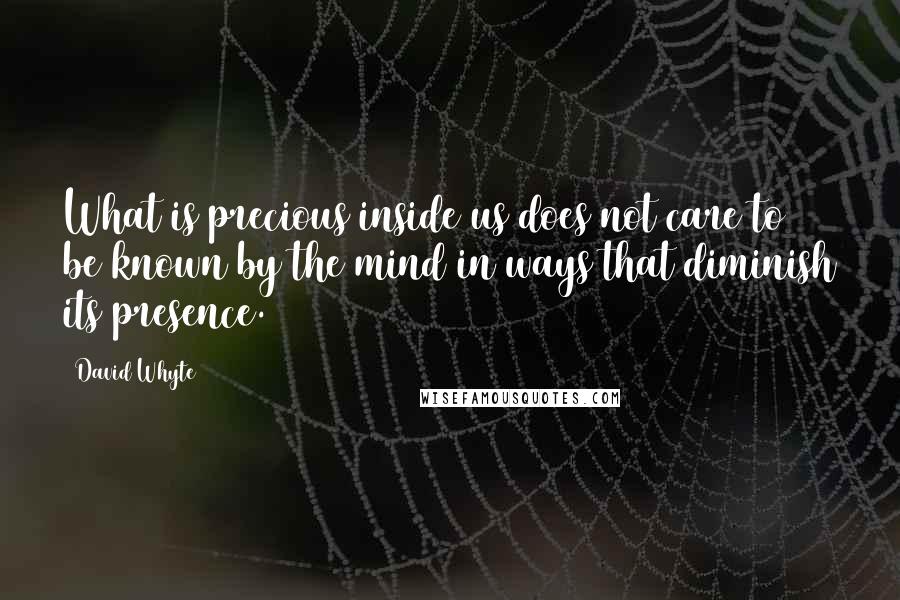 David Whyte Quotes: What is precious inside us does not care to be known by the mind in ways that diminish its presence.