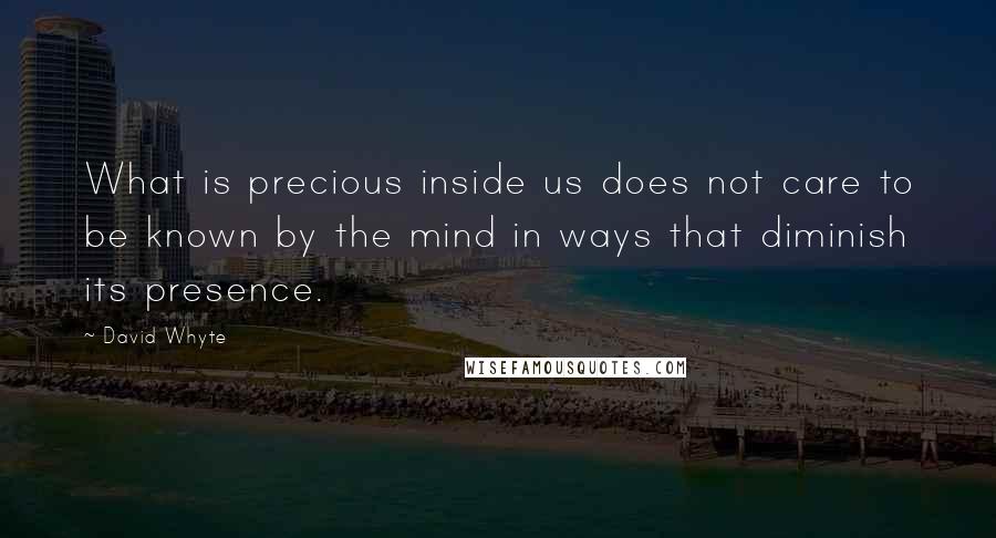 David Whyte Quotes: What is precious inside us does not care to be known by the mind in ways that diminish its presence.