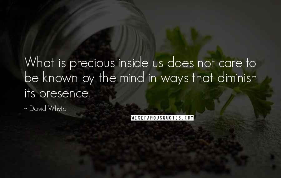 David Whyte Quotes: What is precious inside us does not care to be known by the mind in ways that diminish its presence.