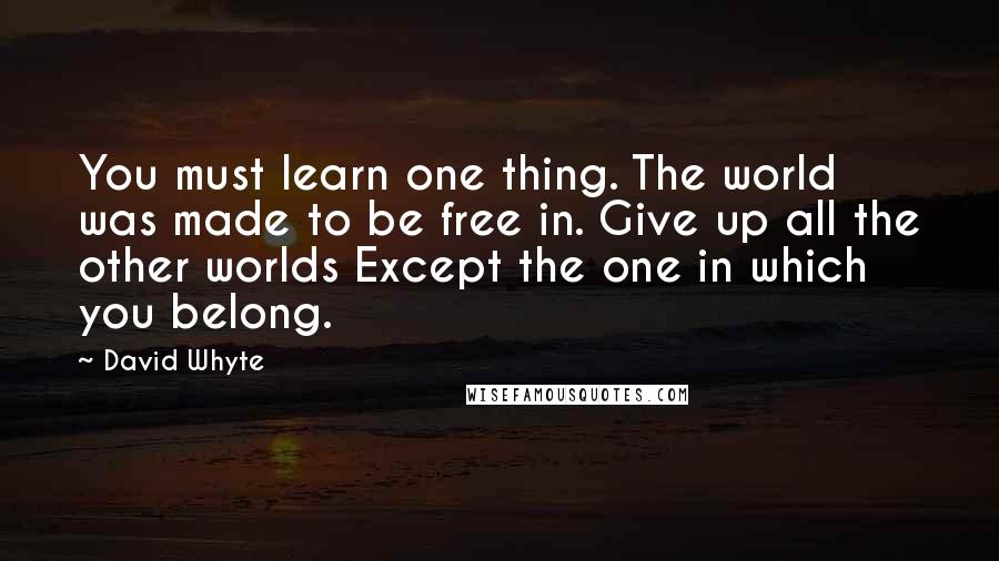 David Whyte Quotes: You must learn one thing. The world was made to be free in. Give up all the other worlds Except the one in which you belong.