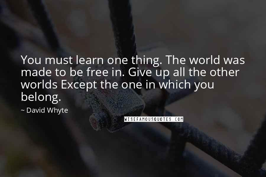 David Whyte Quotes: You must learn one thing. The world was made to be free in. Give up all the other worlds Except the one in which you belong.