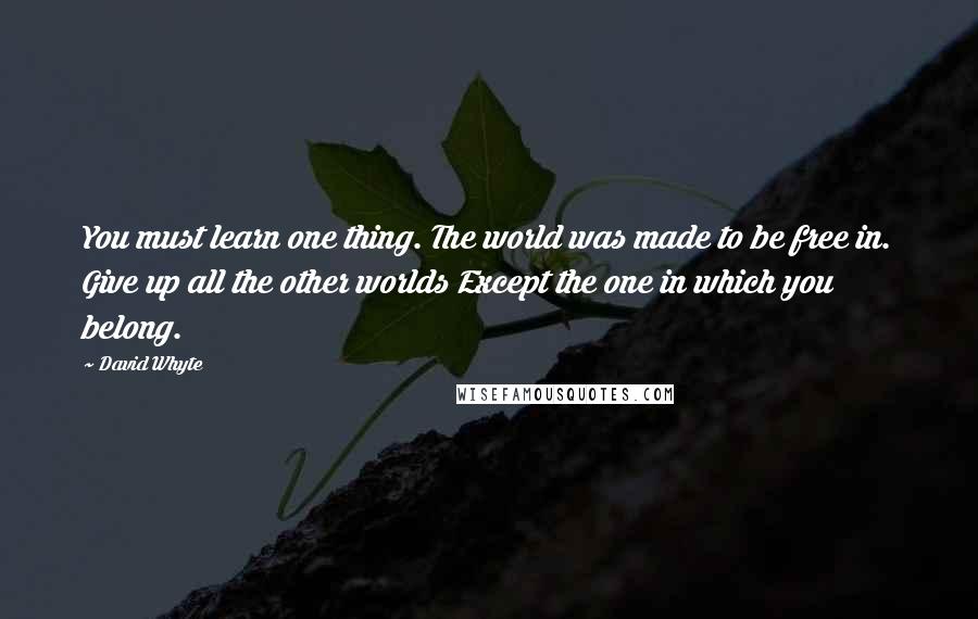 David Whyte Quotes: You must learn one thing. The world was made to be free in. Give up all the other worlds Except the one in which you belong.