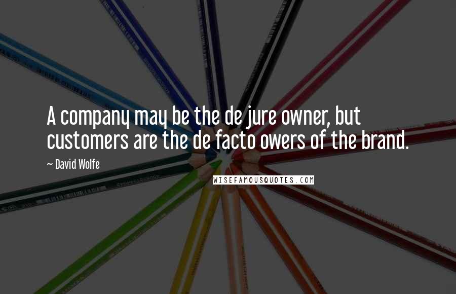 David Wolfe Quotes: A company may be the de jure owner, but customers are the de facto owers of the brand.