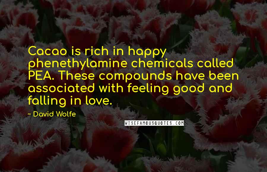 David Wolfe Quotes: Cacao is rich in happy phenethylamine chemicals called PEA. These compounds have been associated with feeling good and falling in love.
