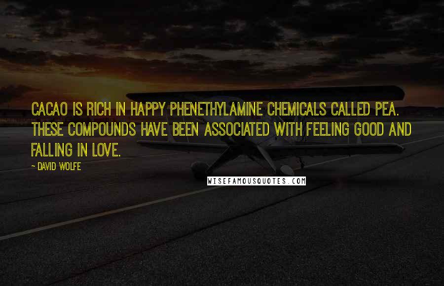 David Wolfe Quotes: Cacao is rich in happy phenethylamine chemicals called PEA. These compounds have been associated with feeling good and falling in love.