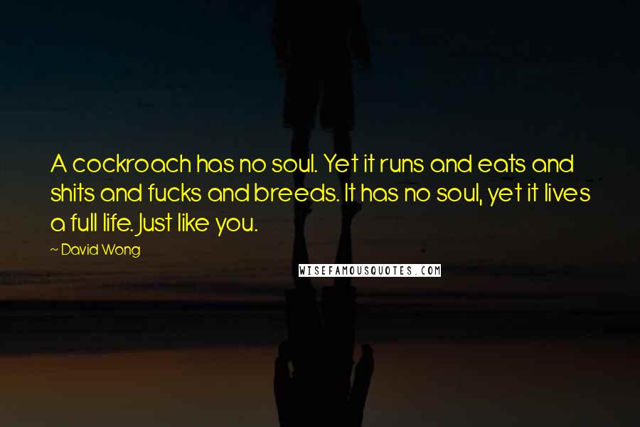 David Wong Quotes: A cockroach has no soul. Yet it runs and eats and shits and fucks and breeds. It has no soul, yet it lives a full life. Just like you.