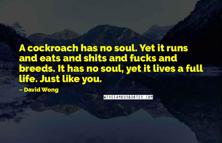 David Wong Quotes: A cockroach has no soul. Yet it runs and eats and shits and fucks and breeds. It has no soul, yet it lives a full life. Just like you.