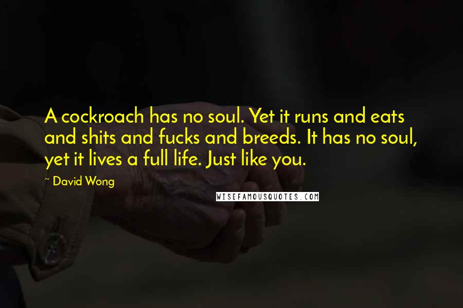David Wong Quotes: A cockroach has no soul. Yet it runs and eats and shits and fucks and breeds. It has no soul, yet it lives a full life. Just like you.