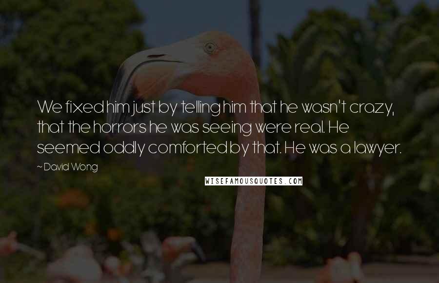 David Wong Quotes: We fixed him just by telling him that he wasn't crazy, that the horrors he was seeing were real. He seemed oddly comforted by that. He was a lawyer.