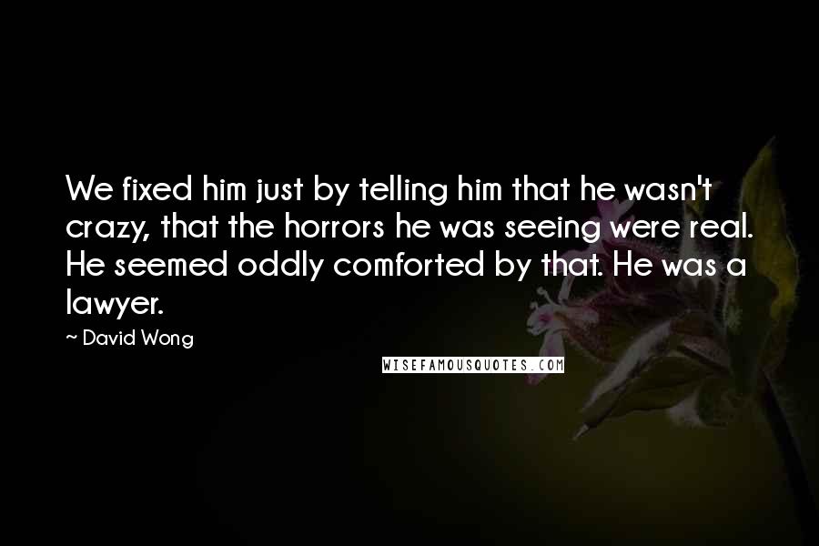 David Wong Quotes: We fixed him just by telling him that he wasn't crazy, that the horrors he was seeing were real. He seemed oddly comforted by that. He was a lawyer.