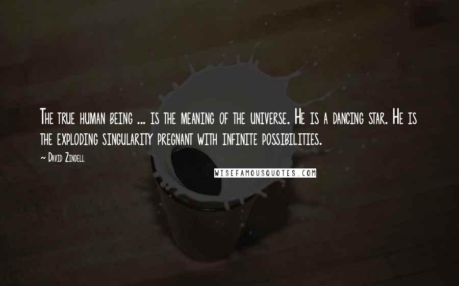 David Zindell Quotes: The true human being ... is the meaning of the universe. He is a dancing star. He is the exploding singularity pregnant with infinite possibilities.