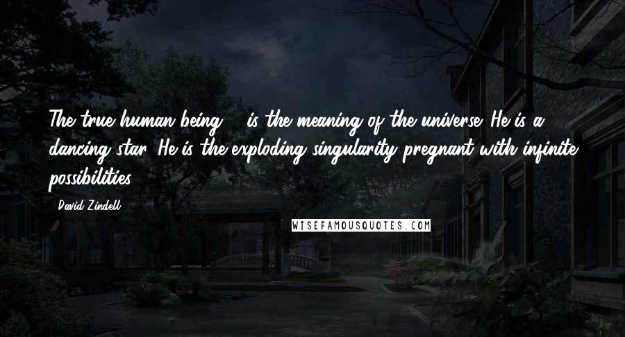 David Zindell Quotes: The true human being ... is the meaning of the universe. He is a dancing star. He is the exploding singularity pregnant with infinite possibilities.
