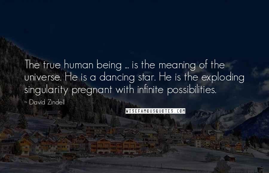 David Zindell Quotes: The true human being ... is the meaning of the universe. He is a dancing star. He is the exploding singularity pregnant with infinite possibilities.