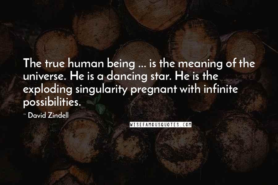 David Zindell Quotes: The true human being ... is the meaning of the universe. He is a dancing star. He is the exploding singularity pregnant with infinite possibilities.