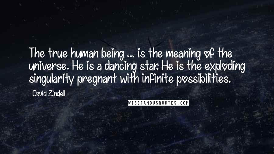 David Zindell Quotes: The true human being ... is the meaning of the universe. He is a dancing star. He is the exploding singularity pregnant with infinite possibilities.