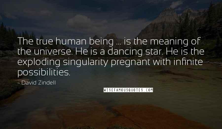 David Zindell Quotes: The true human being ... is the meaning of the universe. He is a dancing star. He is the exploding singularity pregnant with infinite possibilities.