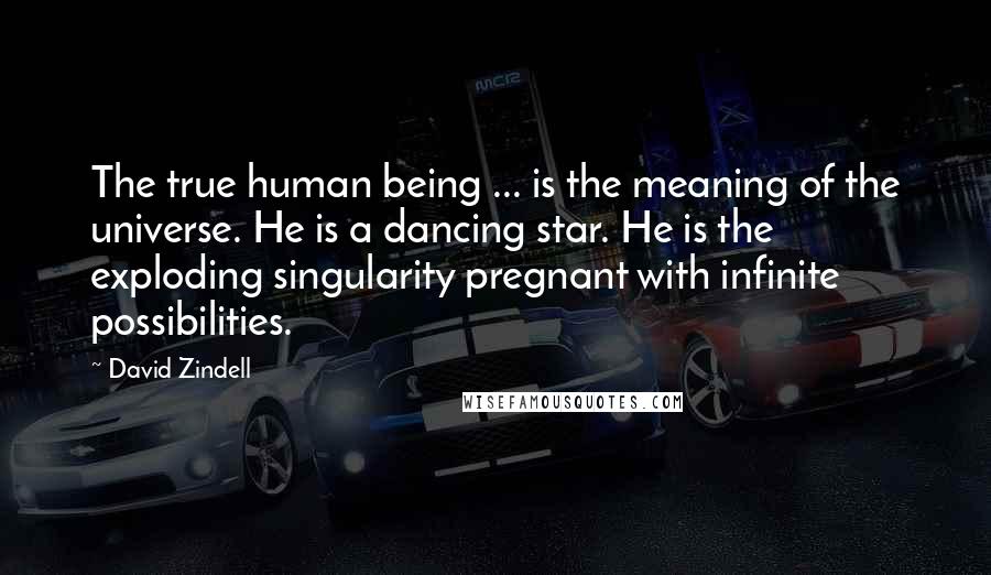 David Zindell Quotes: The true human being ... is the meaning of the universe. He is a dancing star. He is the exploding singularity pregnant with infinite possibilities.