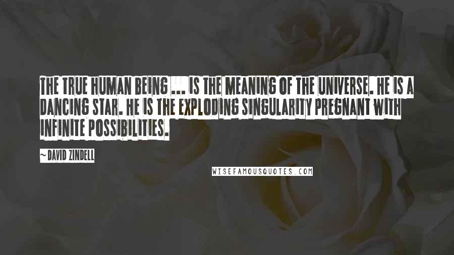 David Zindell Quotes: The true human being ... is the meaning of the universe. He is a dancing star. He is the exploding singularity pregnant with infinite possibilities.