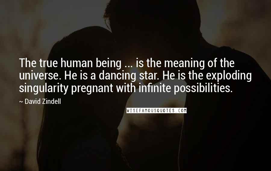 David Zindell Quotes: The true human being ... is the meaning of the universe. He is a dancing star. He is the exploding singularity pregnant with infinite possibilities.