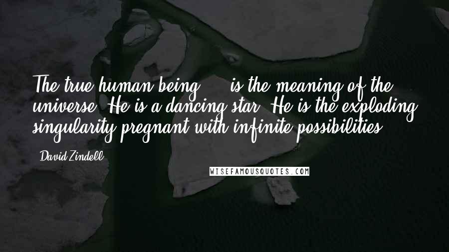 David Zindell Quotes: The true human being ... is the meaning of the universe. He is a dancing star. He is the exploding singularity pregnant with infinite possibilities.