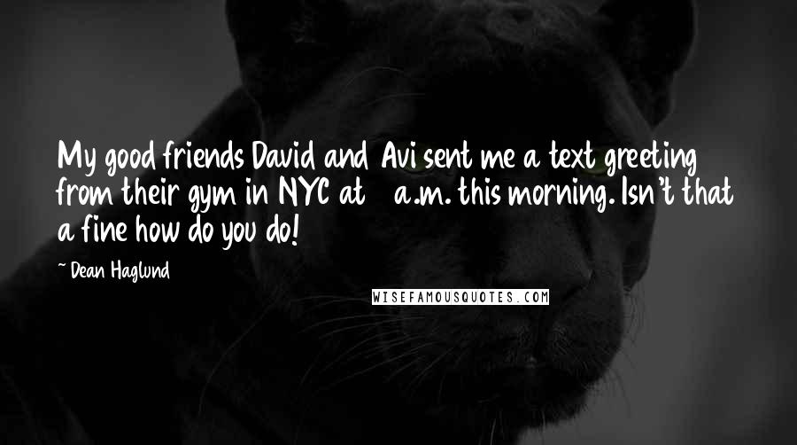 Dean Haglund Quotes: My good friends David and Avi sent me a text greeting from their gym in NYC at 8 a.m. this morning. Isn't that a fine how do you do!