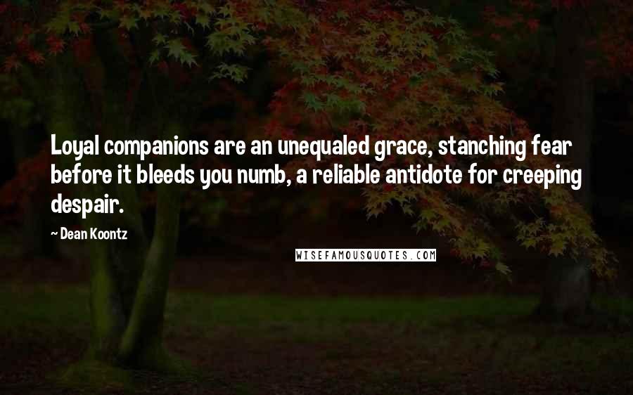 Dean Koontz Quotes: Loyal companions are an unequaled grace, stanching fear before it bleeds you numb, a reliable antidote for creeping despair.