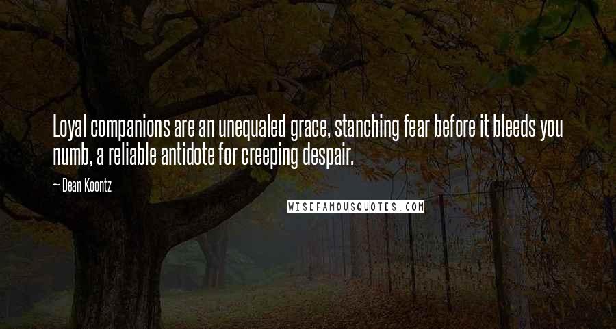 Dean Koontz Quotes: Loyal companions are an unequaled grace, stanching fear before it bleeds you numb, a reliable antidote for creeping despair.