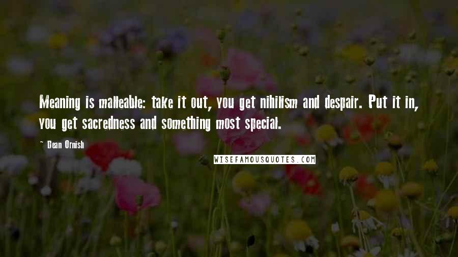 Dean Ornish Quotes: Meaning is malleable: take it out, you get nihilism and despair. Put it in, you get sacredness and something most special.