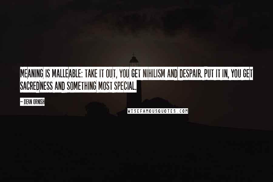 Dean Ornish Quotes: Meaning is malleable: take it out, you get nihilism and despair. Put it in, you get sacredness and something most special.