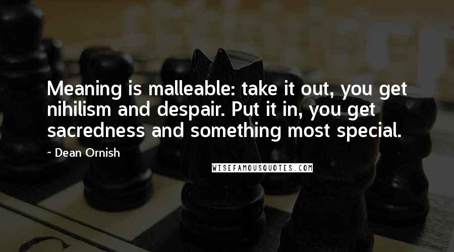 Dean Ornish Quotes: Meaning is malleable: take it out, you get nihilism and despair. Put it in, you get sacredness and something most special.