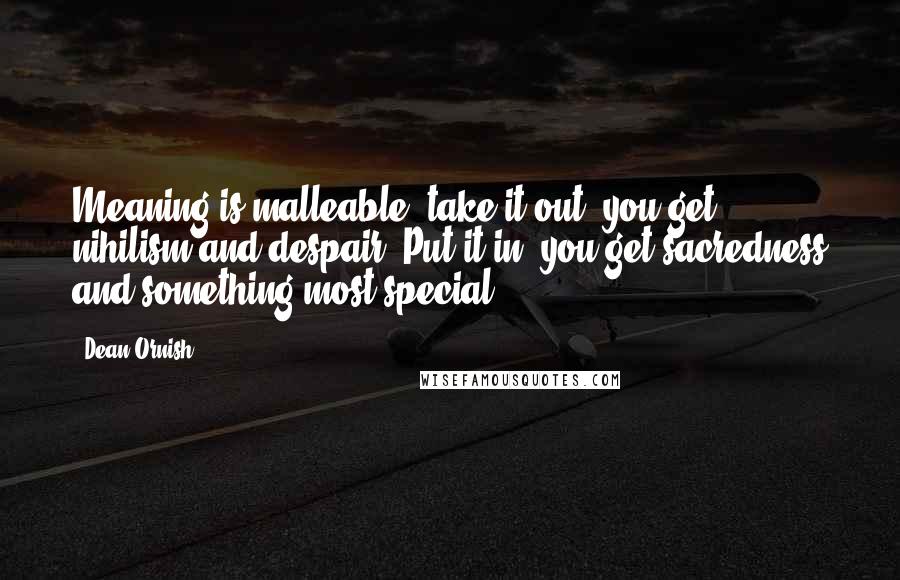 Dean Ornish Quotes: Meaning is malleable: take it out, you get nihilism and despair. Put it in, you get sacredness and something most special.