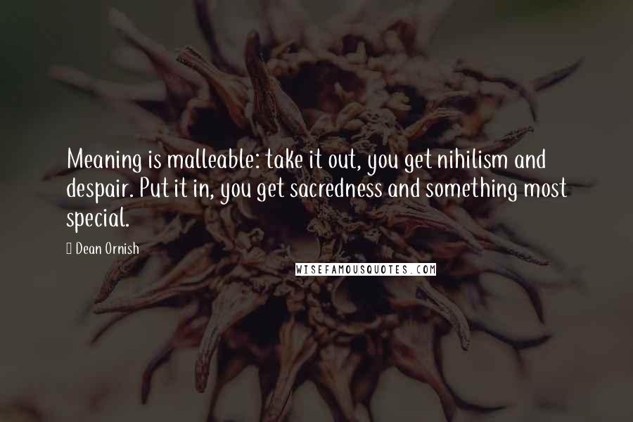 Dean Ornish Quotes: Meaning is malleable: take it out, you get nihilism and despair. Put it in, you get sacredness and something most special.