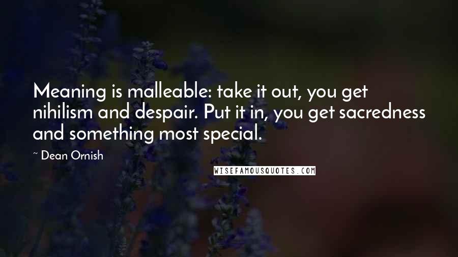 Dean Ornish Quotes: Meaning is malleable: take it out, you get nihilism and despair. Put it in, you get sacredness and something most special.