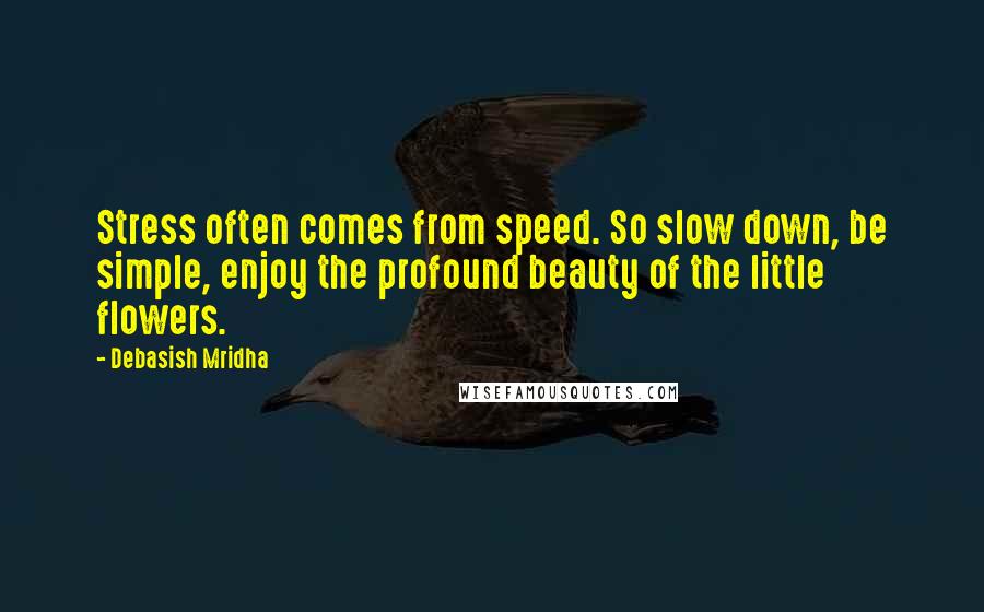 Debasish Mridha Quotes: Stress often comes from speed. So slow down, be simple, enjoy the profound beauty of the little flowers.
