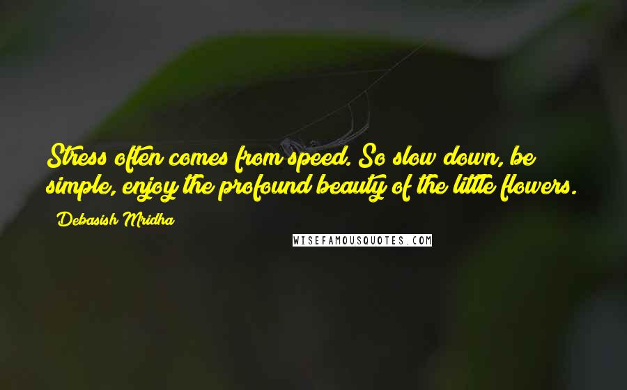 Debasish Mridha Quotes: Stress often comes from speed. So slow down, be simple, enjoy the profound beauty of the little flowers.