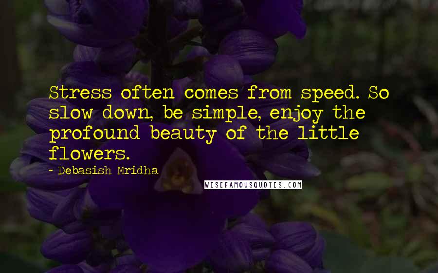 Debasish Mridha Quotes: Stress often comes from speed. So slow down, be simple, enjoy the profound beauty of the little flowers.