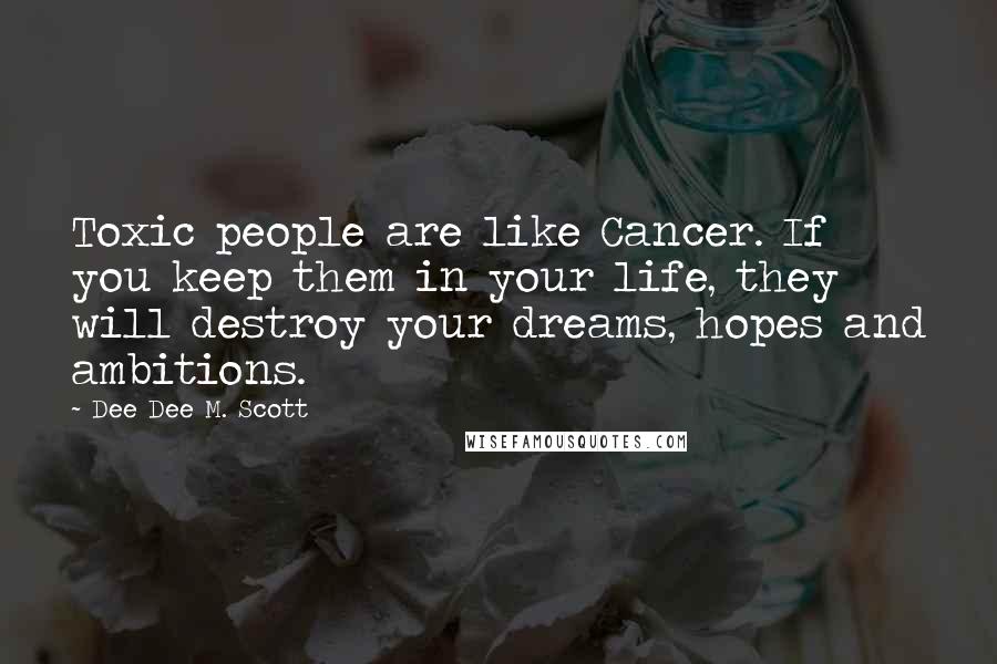 Dee Dee M. Scott Quotes: Toxic people are like Cancer. If you keep them in your life, they will destroy your dreams, hopes and ambitions.