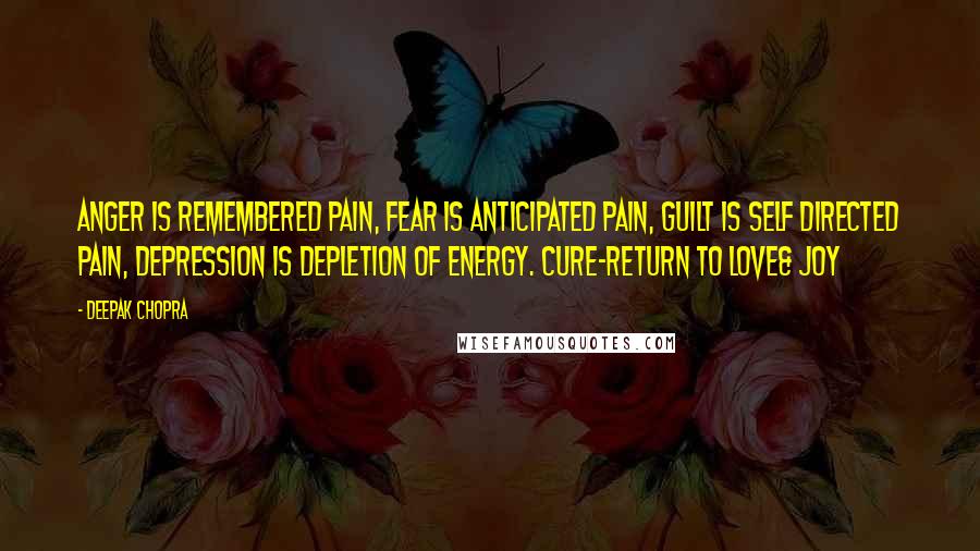 Deepak Chopra Quotes: Anger is remembered pain, fear is anticipated pain, guilt is self directed pain, depression is depletion of energy. Cure-return to love& joy