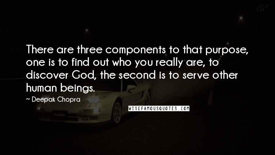 Deepak Chopra Quotes: There are three components to that purpose, one is to find out who you really are, to discover God, the second is to serve other human beings.