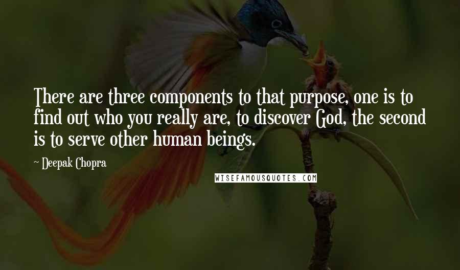 Deepak Chopra Quotes: There are three components to that purpose, one is to find out who you really are, to discover God, the second is to serve other human beings.