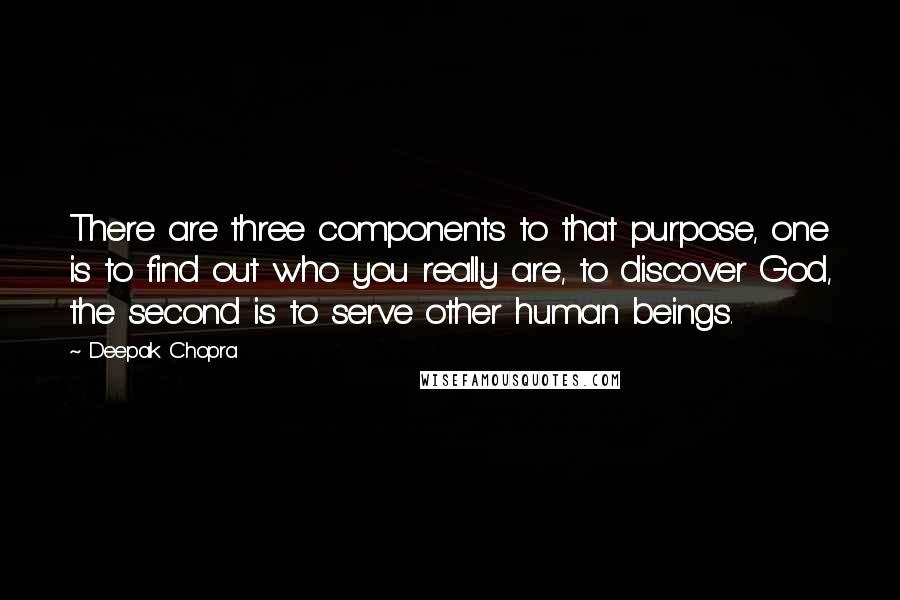 Deepak Chopra Quotes: There are three components to that purpose, one is to find out who you really are, to discover God, the second is to serve other human beings.