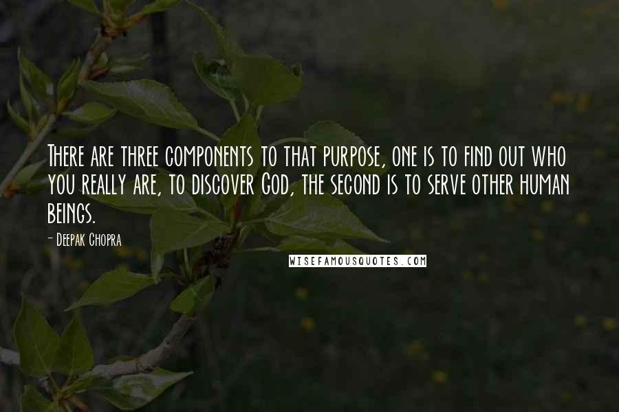 Deepak Chopra Quotes: There are three components to that purpose, one is to find out who you really are, to discover God, the second is to serve other human beings.