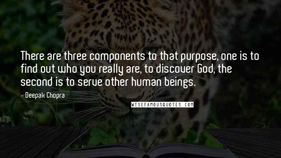 Deepak Chopra Quotes: There are three components to that purpose, one is to find out who you really are, to discover God, the second is to serve other human beings.