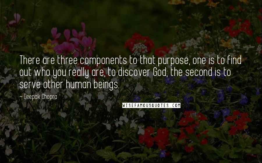 Deepak Chopra Quotes: There are three components to that purpose, one is to find out who you really are, to discover God, the second is to serve other human beings.