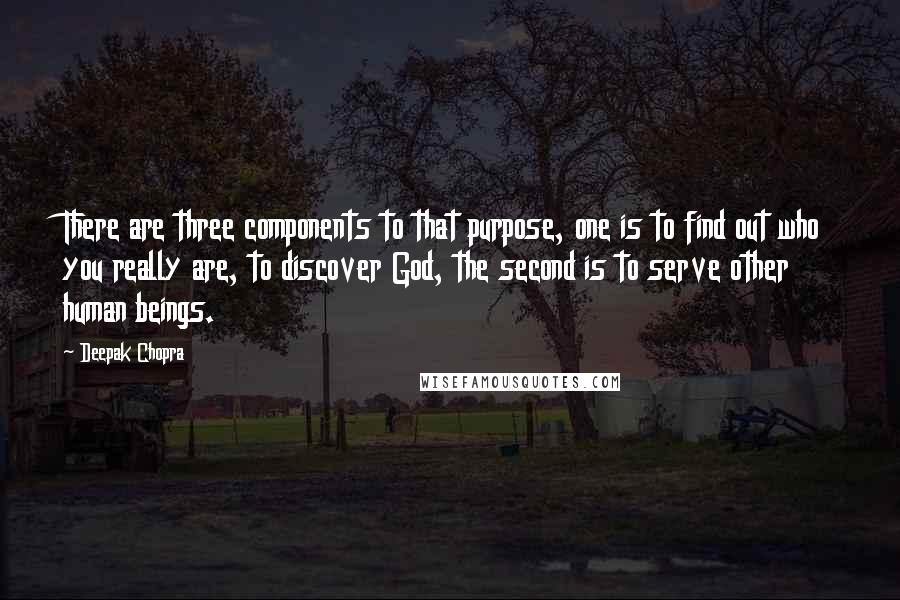 Deepak Chopra Quotes: There are three components to that purpose, one is to find out who you really are, to discover God, the second is to serve other human beings.