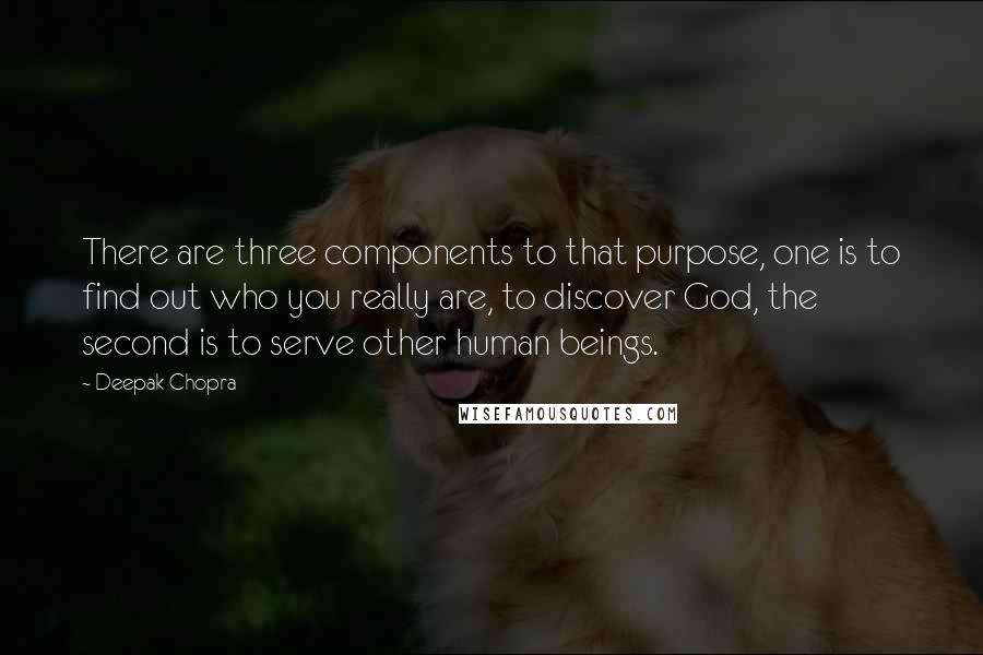 Deepak Chopra Quotes: There are three components to that purpose, one is to find out who you really are, to discover God, the second is to serve other human beings.