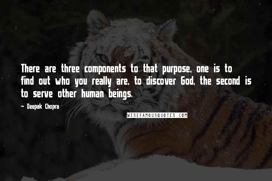 Deepak Chopra Quotes: There are three components to that purpose, one is to find out who you really are, to discover God, the second is to serve other human beings.