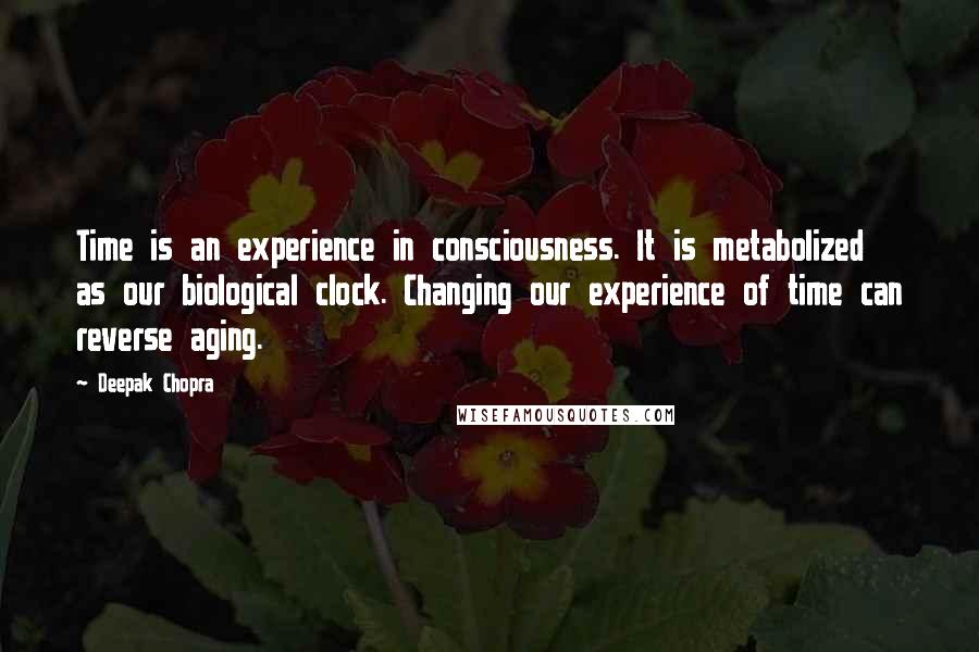 Deepak Chopra Quotes: Time is an experience in consciousness. It is metabolized as our biological clock. Changing our experience of time can reverse aging.